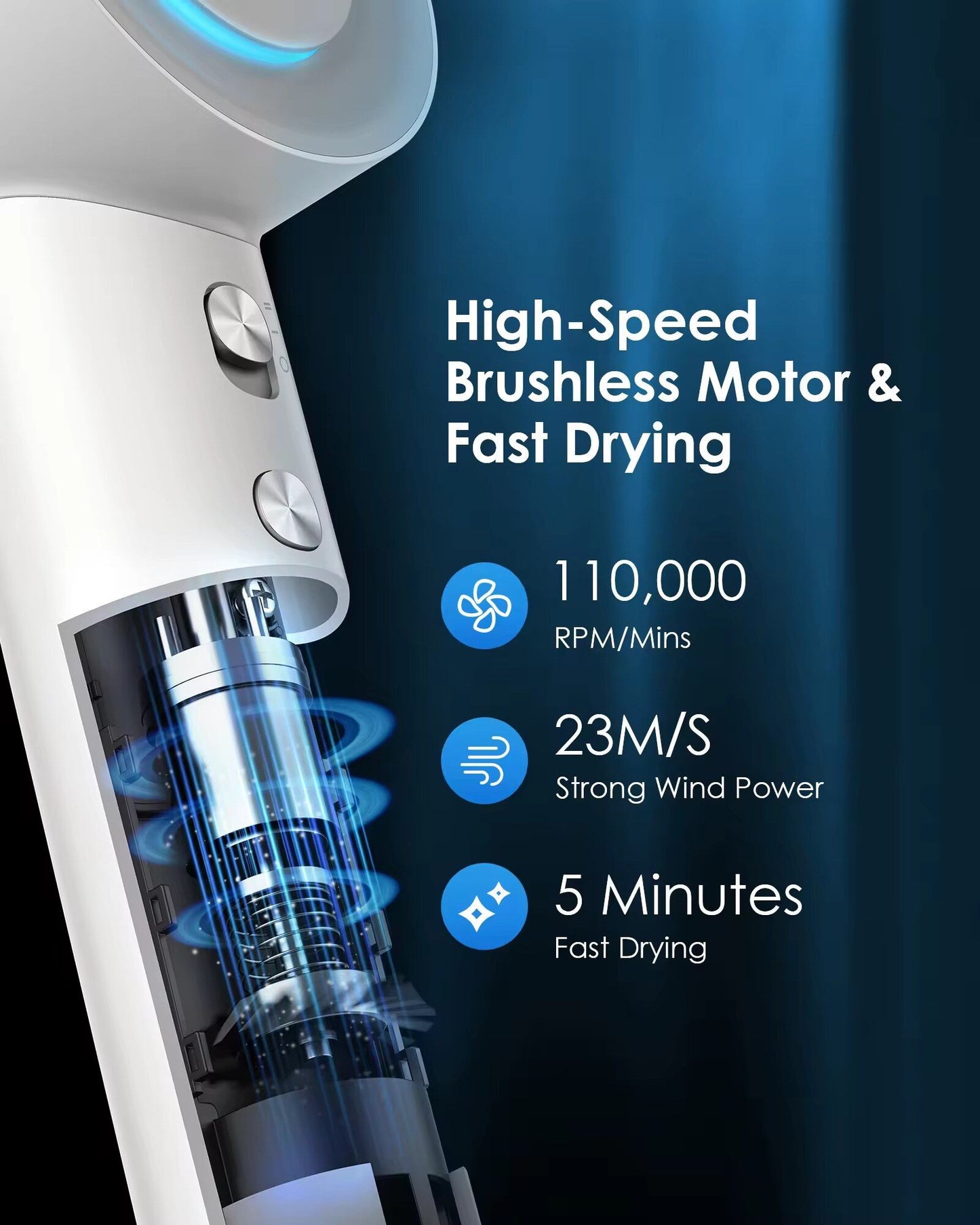 Hair Dryer, Tru Strand Negative Ion Blow Dryer 110, 000 RPM Brushless Motor, 3 Heat Settings, 360° Rotating Magnetic Nozzle, High-Speed Low Noise Hair Dryer for Home and Travel (White)